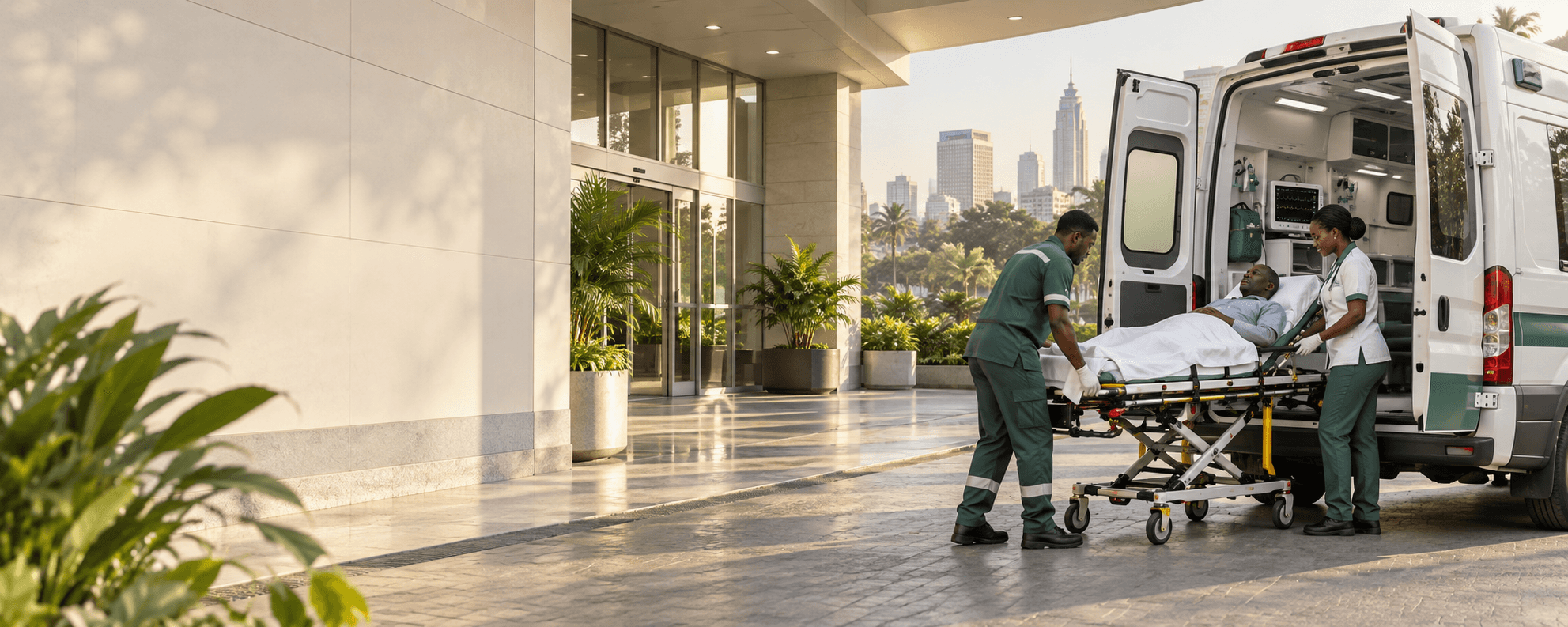 Medical team assisting a patient from an ambulance outside a hospital
